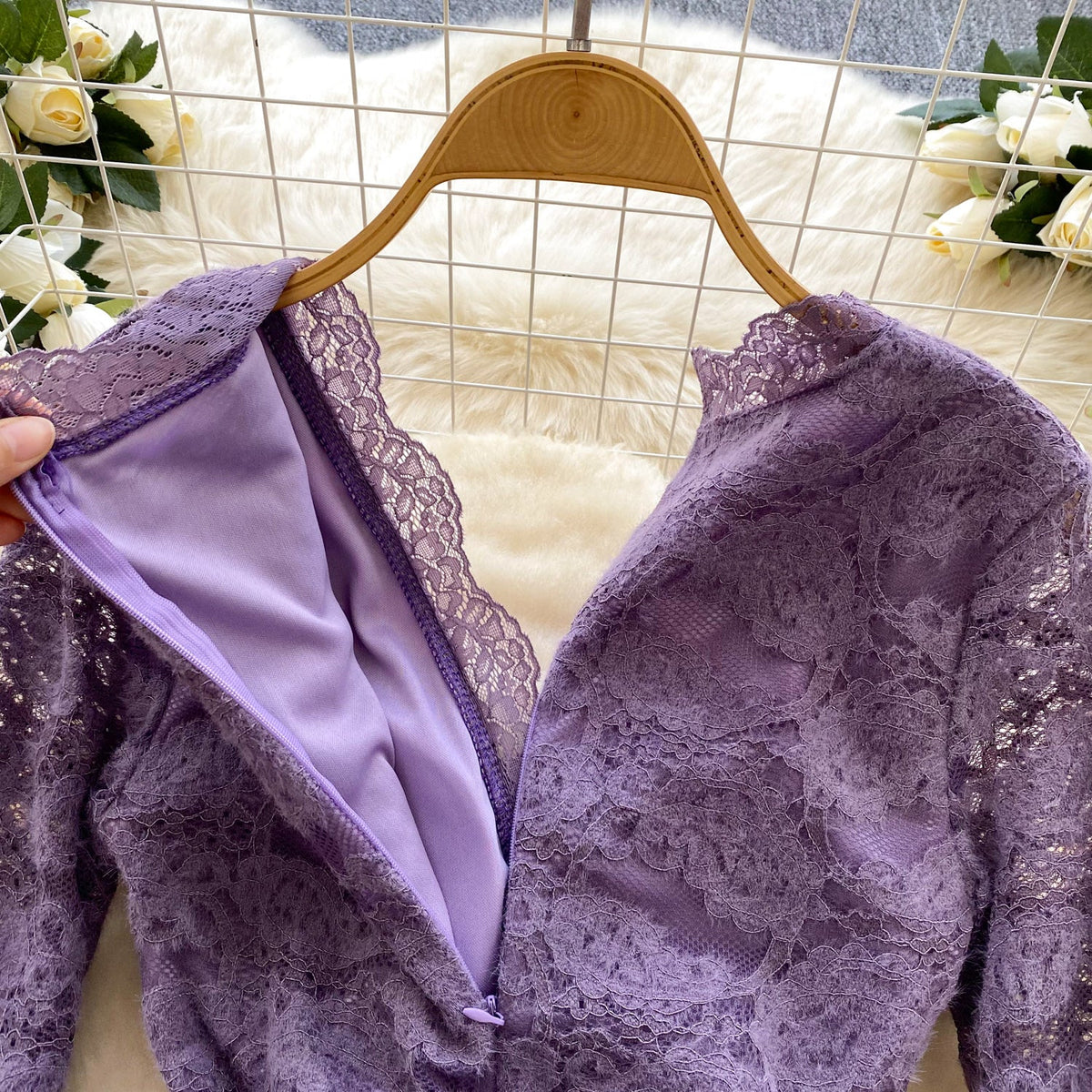 V-neck Embroidered Flocked Lace Dress