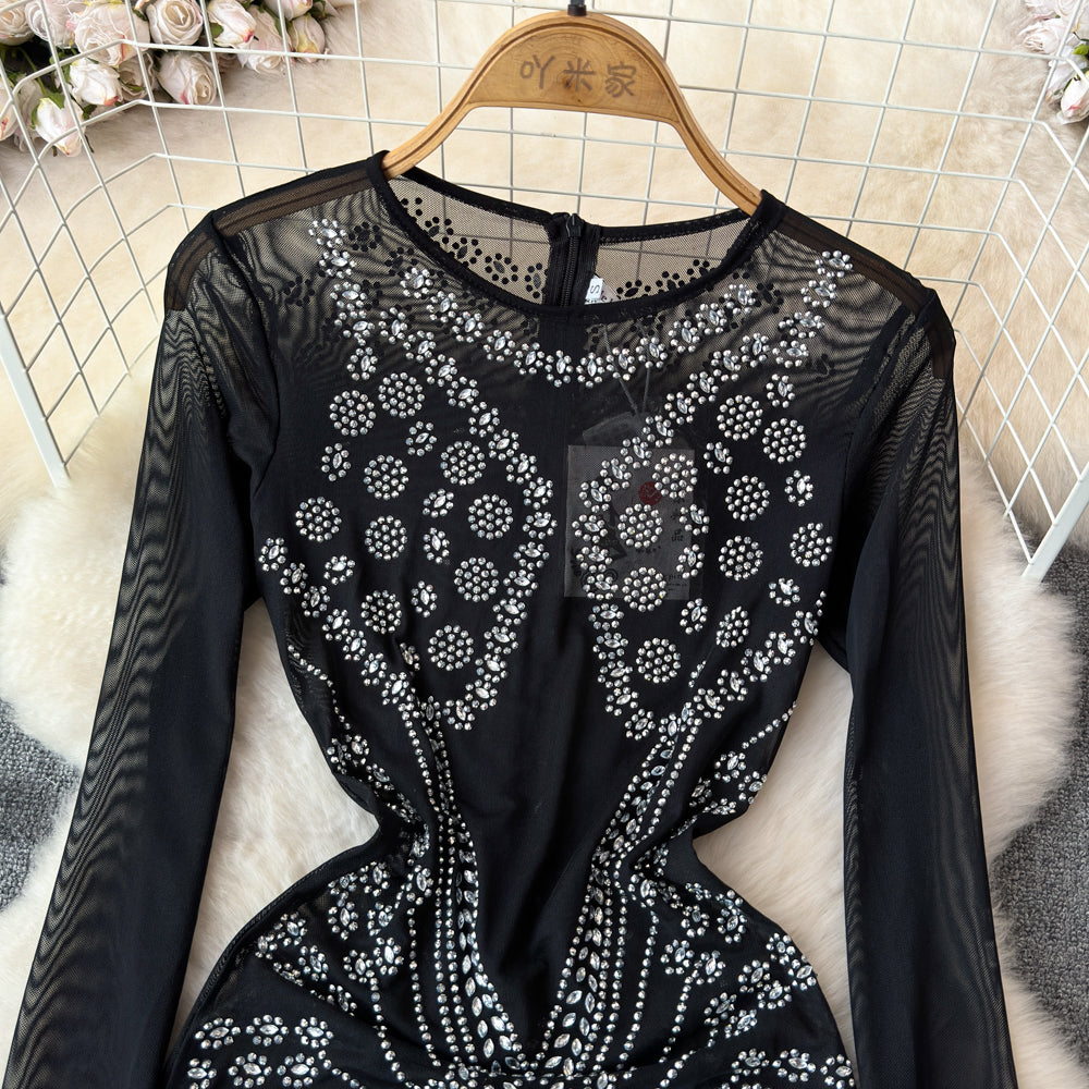 Parti Boncuklu Fringe Siyah Elbise