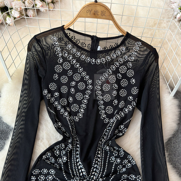 Parti Boncuklu Fringe Siyah Elbise