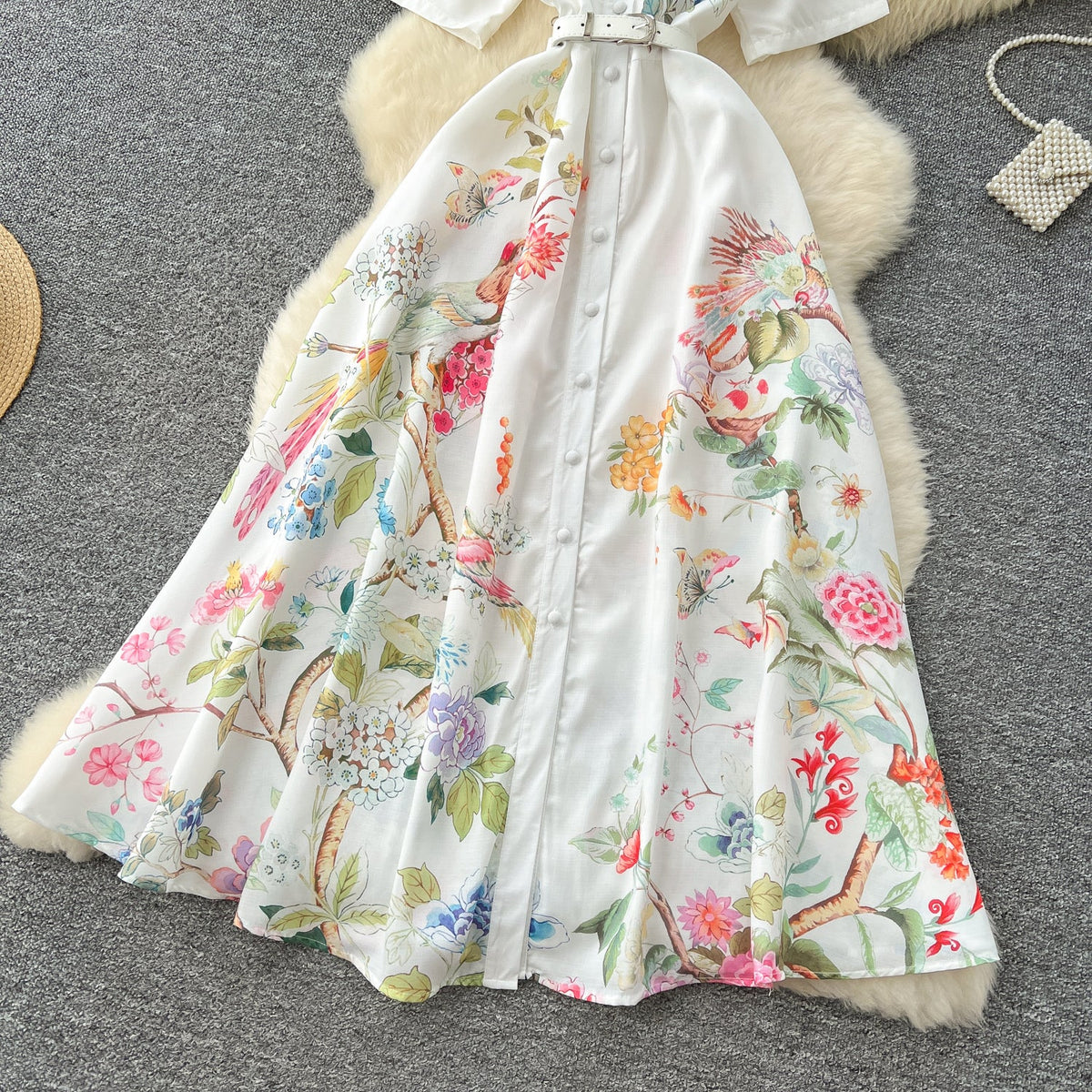 Polo Collar Floral White Shirt Dress