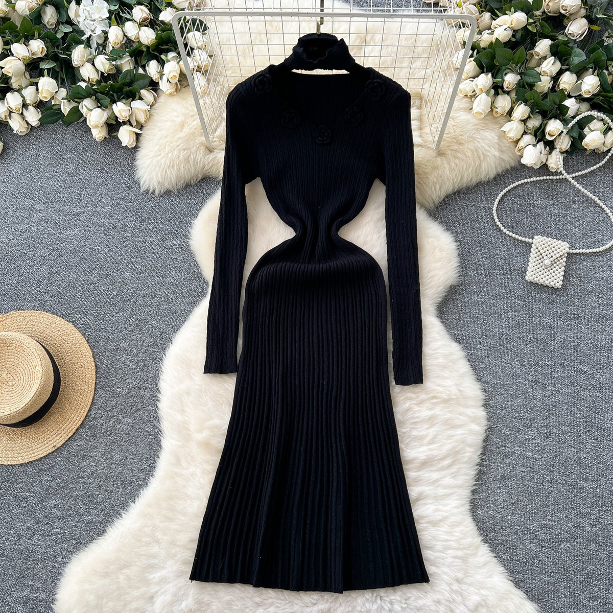 3d Flower Knitted Dress with Choker