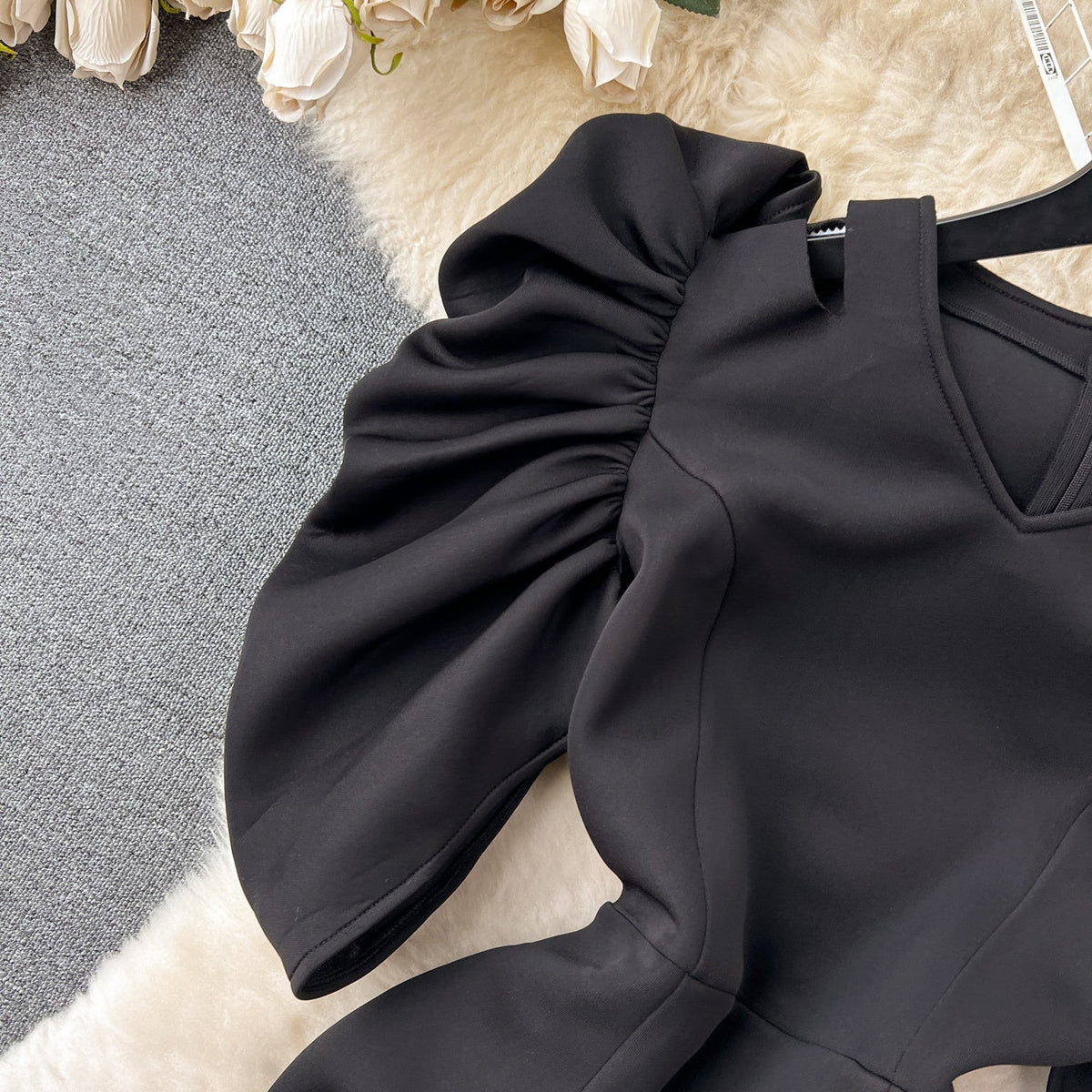 Vintage Pleated Sleeve Black Dress