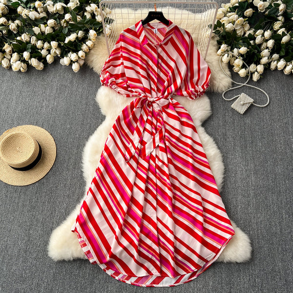 Colorful Slant Striped Shirt Dress