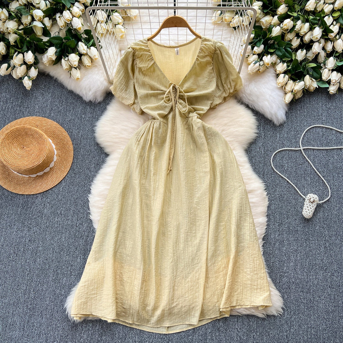 Mori Puffy Sleeve Drawstring Chiffon Dress