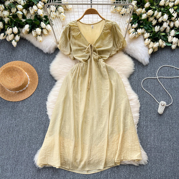 Mori Puffy Sleeve Drawstring Chiffon Dress