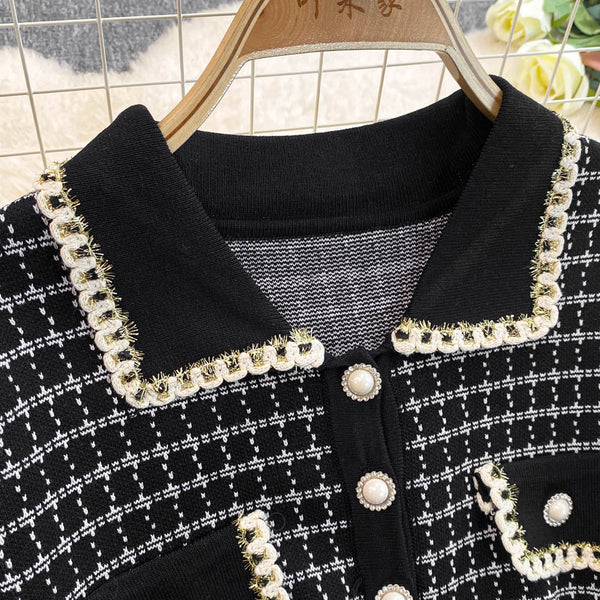 Lapeled Plaid Tweed Knitted Dress