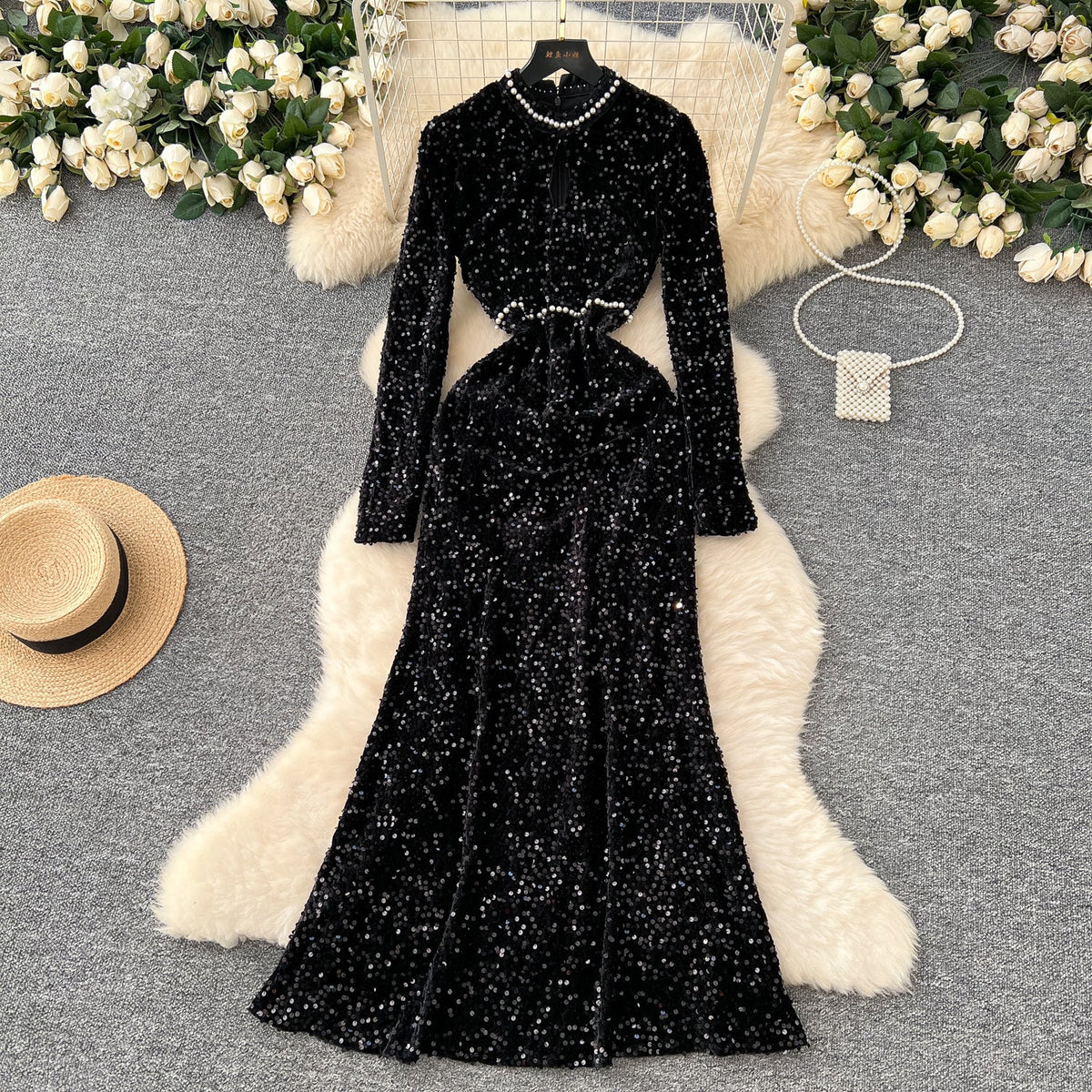 Beaded Collar Sequined Velvet Dress