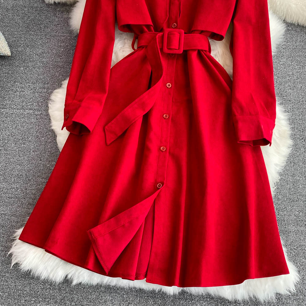 Faux Two-pieces Lapeled Corduroy Dress