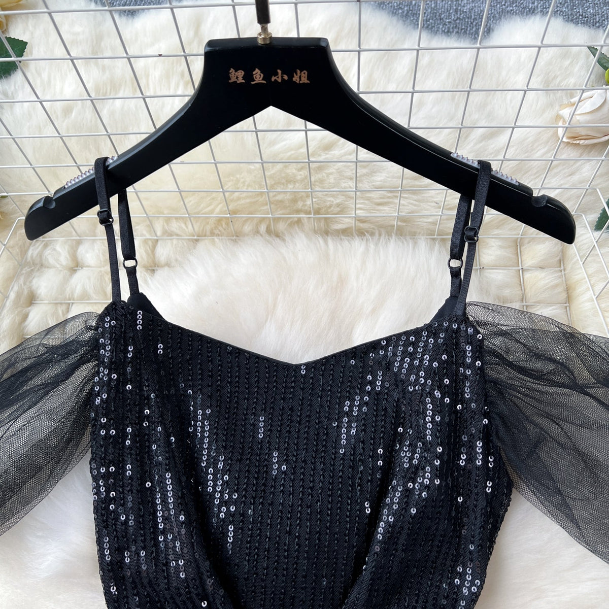 Elegant Black Mesh Sequined Slip Dress