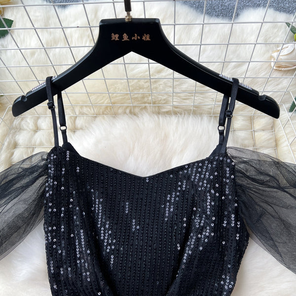 Elegant Black Mesh Sequined Slip Dress