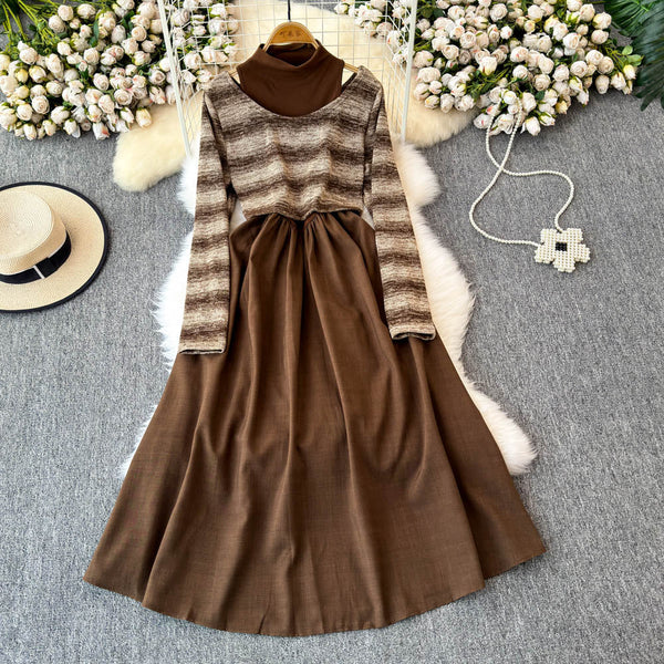 Striped Knitwear&Halter Dress 2Pcs