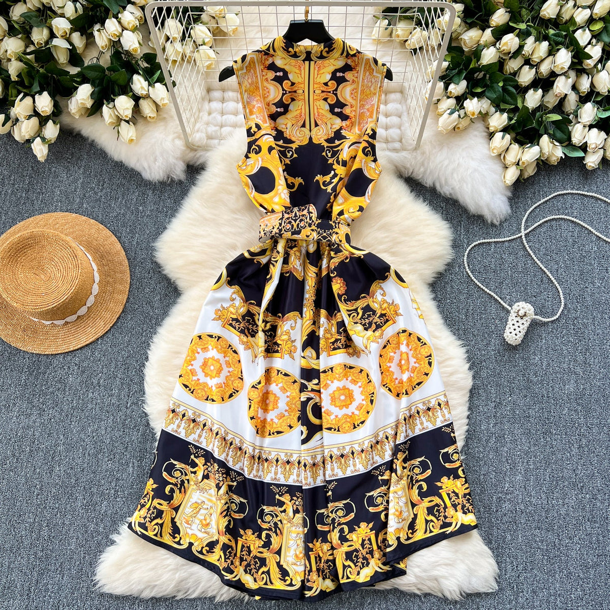 Courtly Sleeveless Lapeled Floral Dress