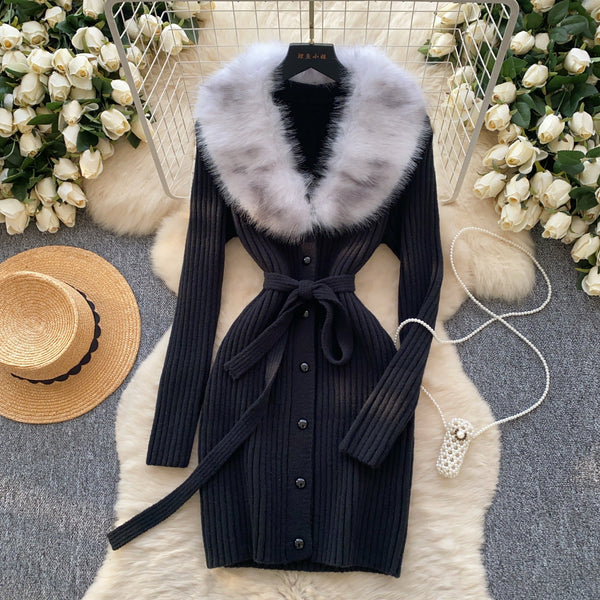 Furry Collar Lace-up Knit Dress