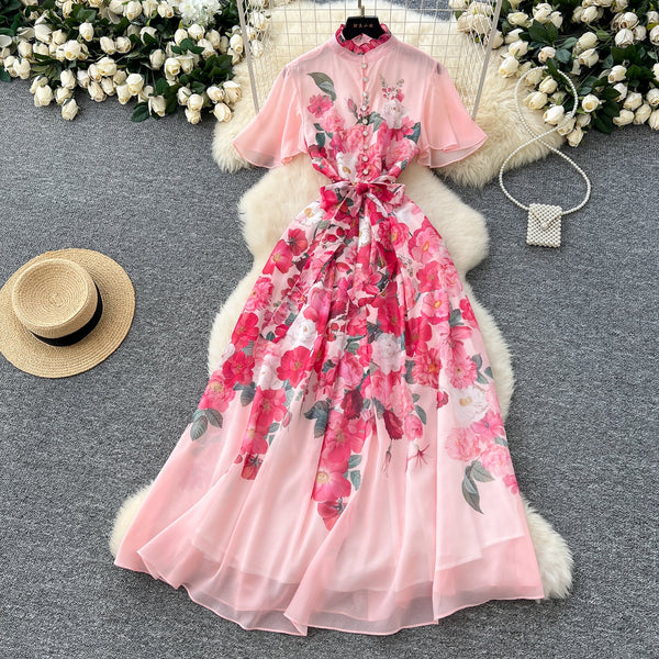 Lace-up Floral Printed Chiffon Dress