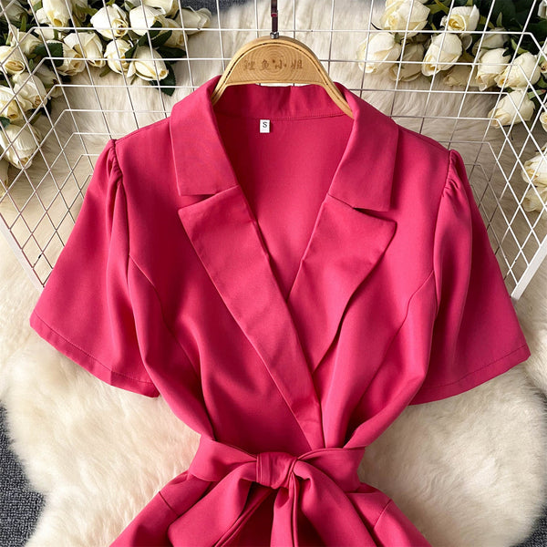 V-neck Suit Collar Lace-up Dress