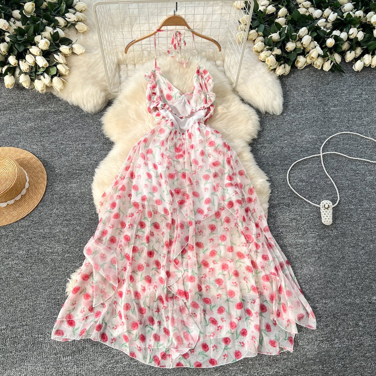 Irregular Design Fairy Floral Halter Dress