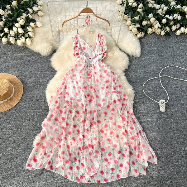 Irregular Design Fairy Floral Halter Dress