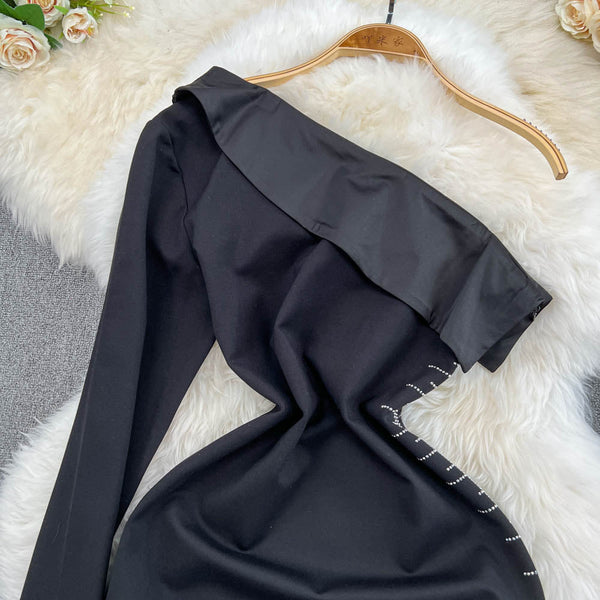 Slant Neckline Asymmetric Black Dress