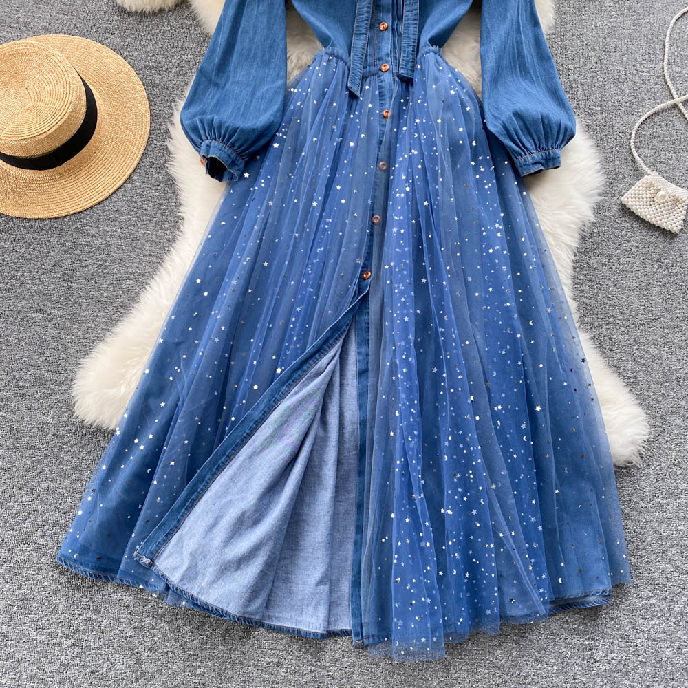 Niche Mesh Patchwork Denim Shirt Dress