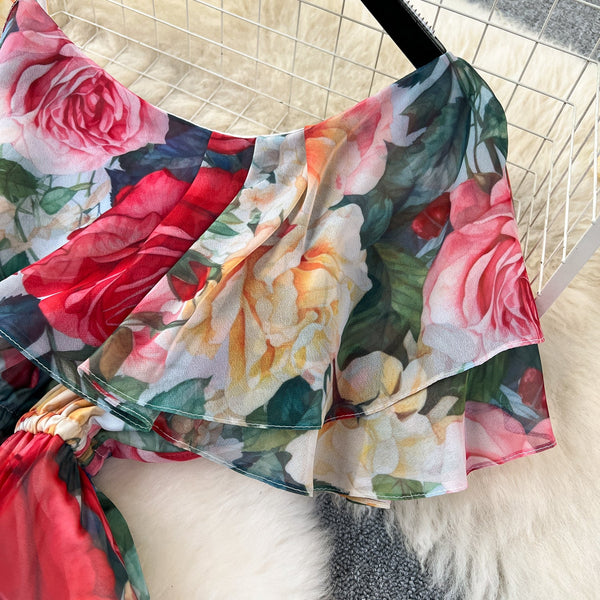 Fairy Ruffled Neckline Floral Dress