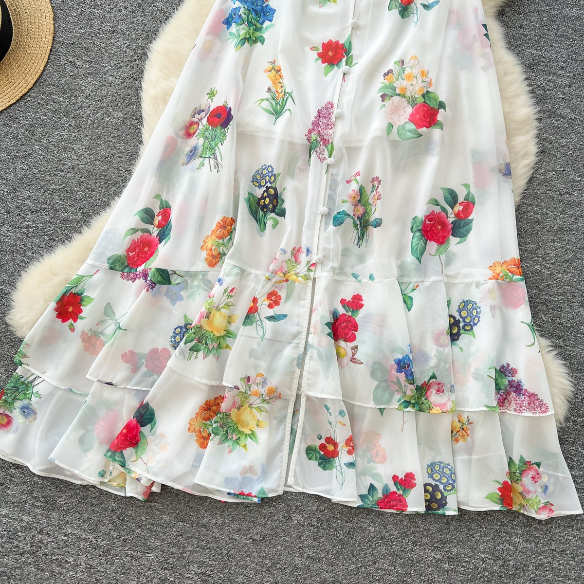 Deep V-neck Floral Chiffon Dress