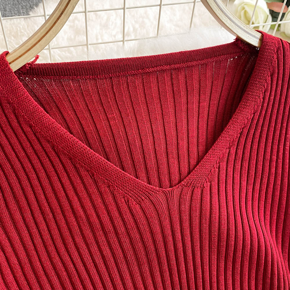 V-yaka Bodycon Yırtmaçlı Triko Elbise