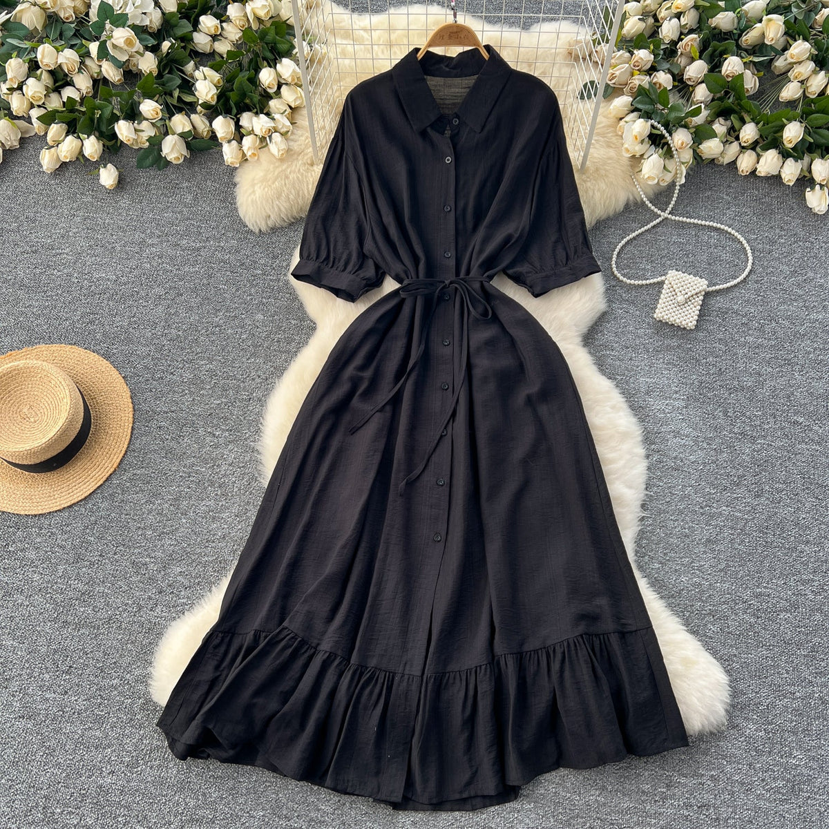 Vintage Solid Color Ruffled Shirt Dress