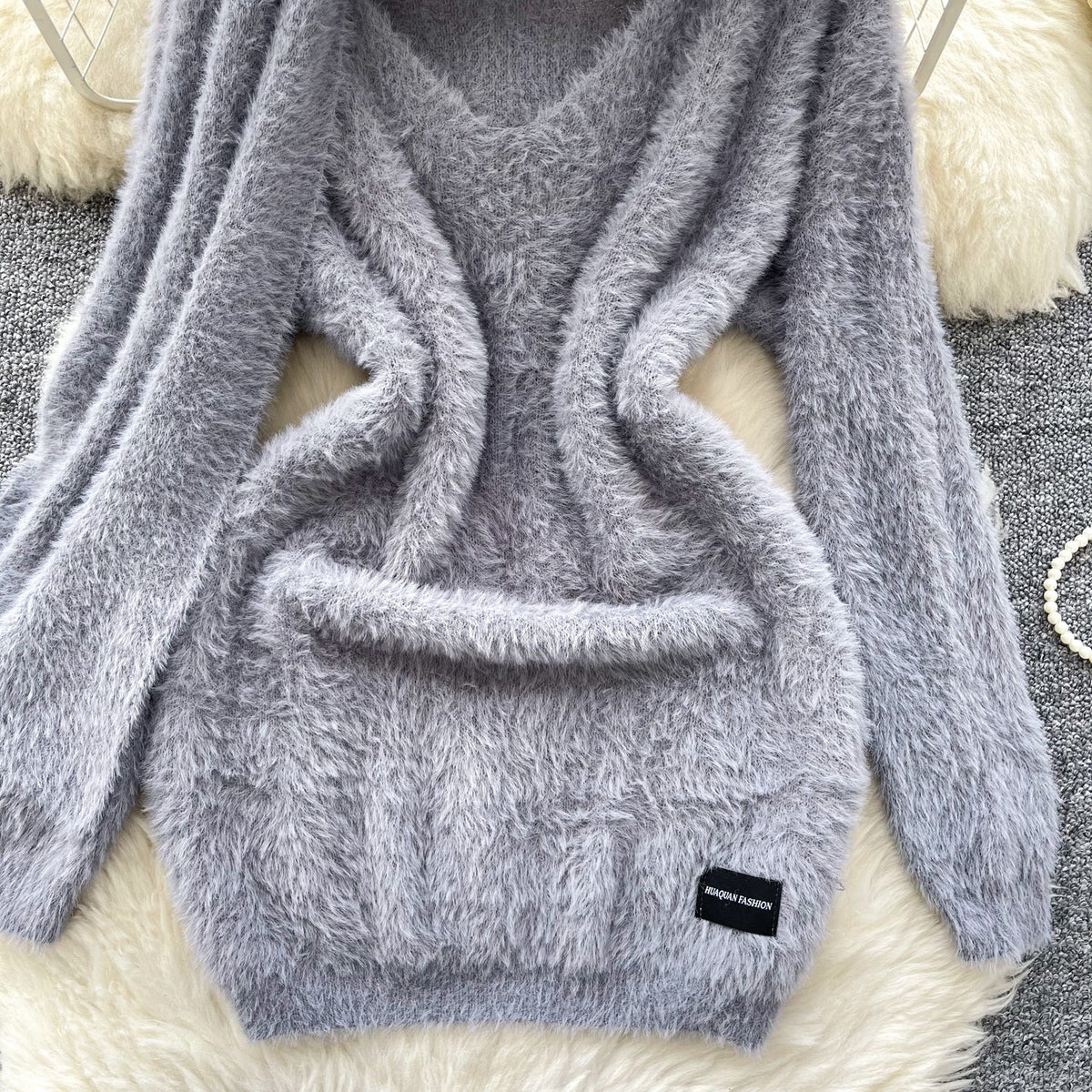 Furry Knitted Dress with Scarf