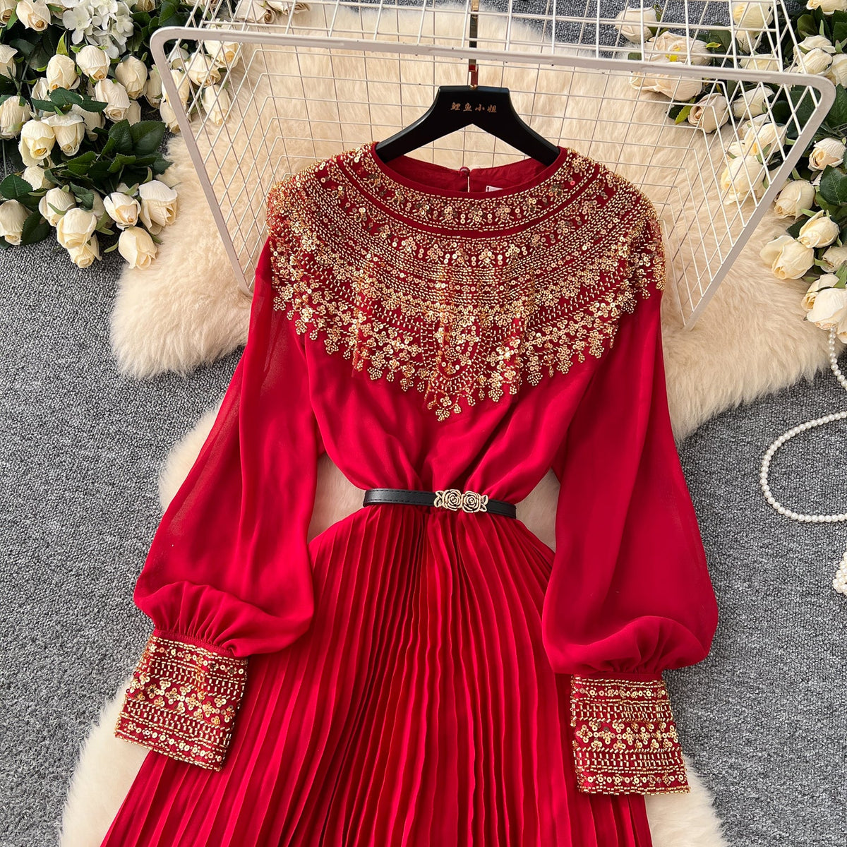 Premium Rhinestone Studded Pleated Dress