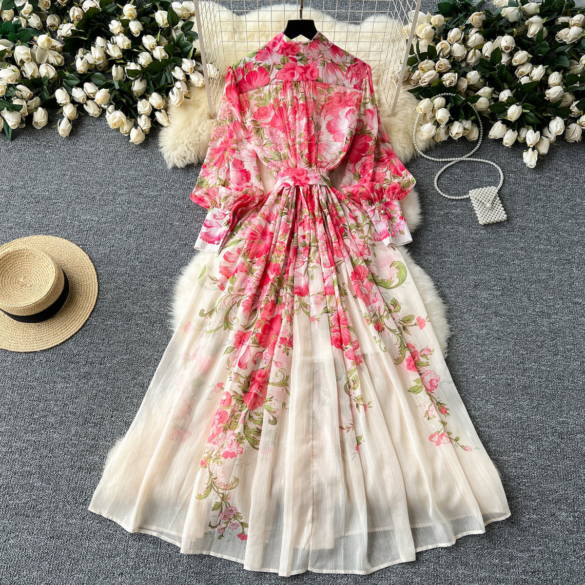 French Style Floral Chiffon Shirt Dress