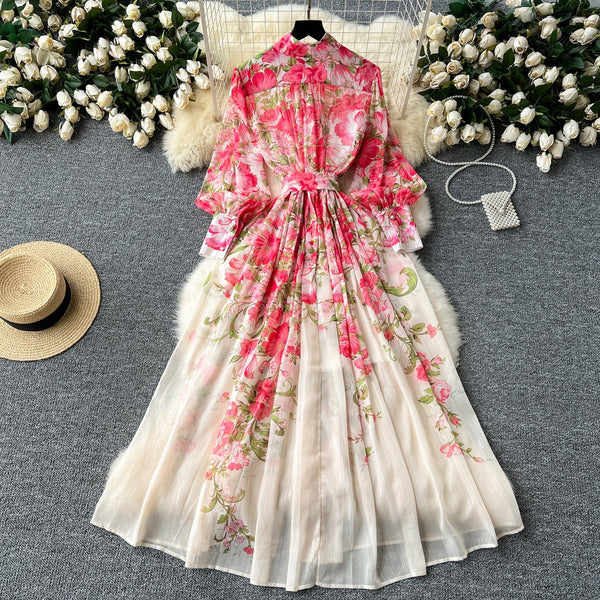 French Style Floral Chiffon Shirt Dress