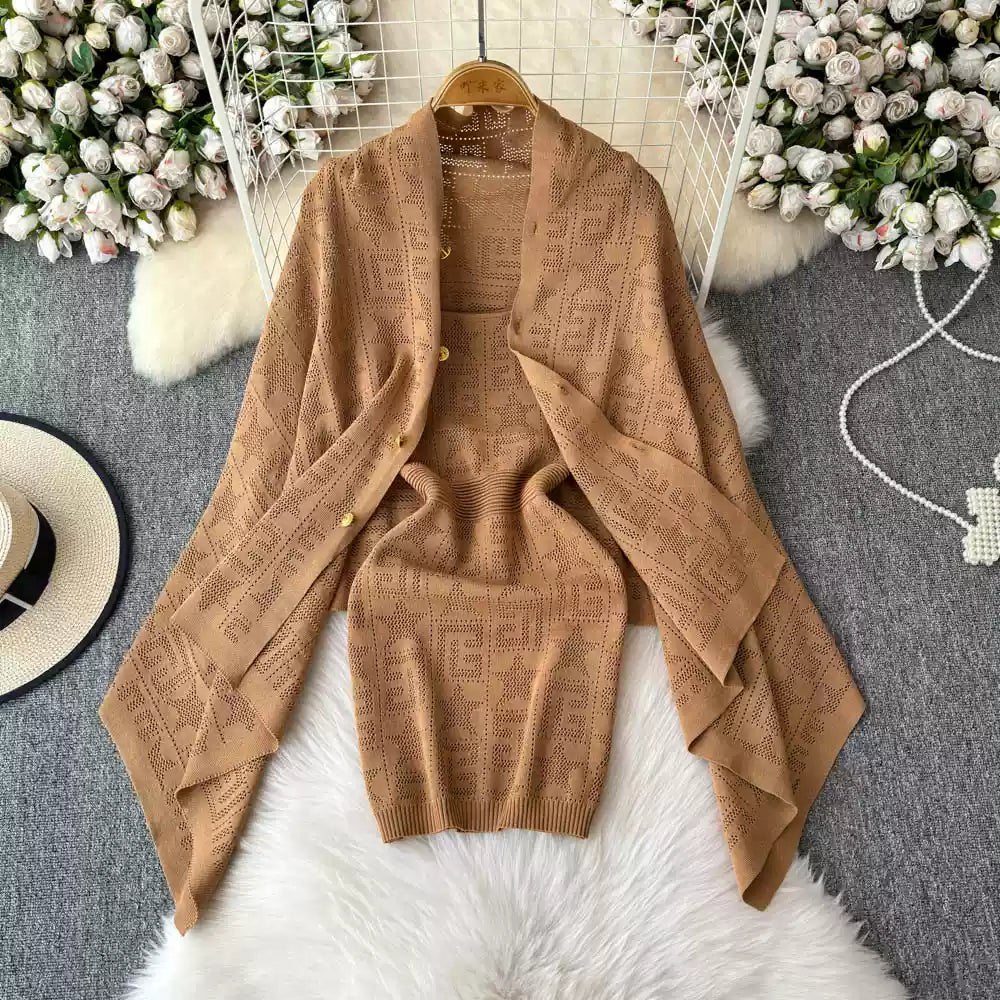 Loose Shawl&Slip Dress Embroidered 2Pcs