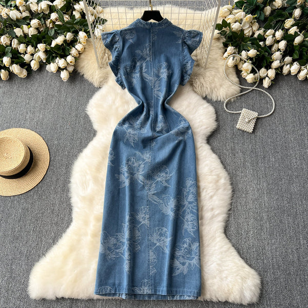 Çin Tarzı Denim Qipao Elbise