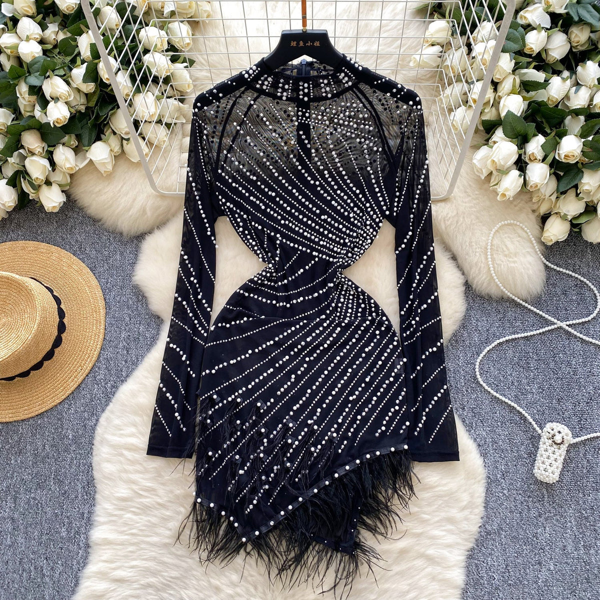 Rhinestone Studded Fringed Mesh Dress