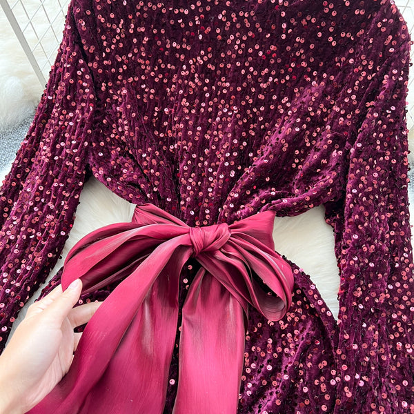 High-end Sequined Ruffled Hem Dress