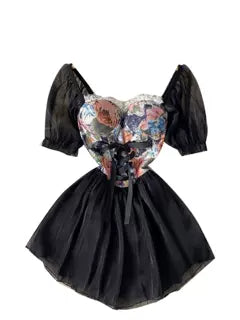 Courtly Floral Patchwork Puffy Dress