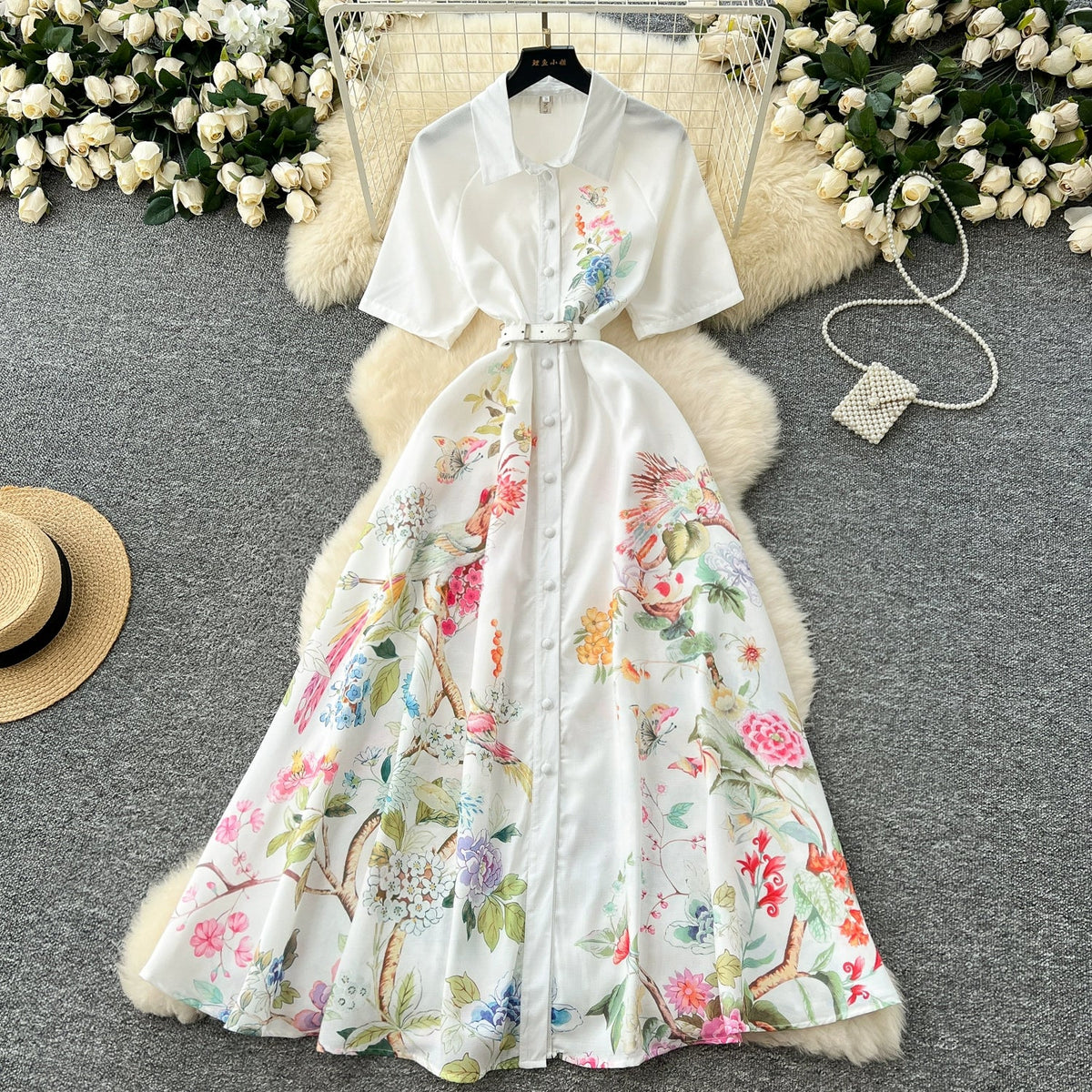 Polo Collar Floral White Shirt Dress