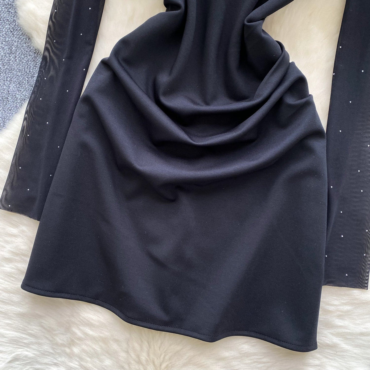 Mesh Patchwork Beaded Black Dress