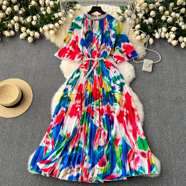 Beaded Crew Neck Printed Dress