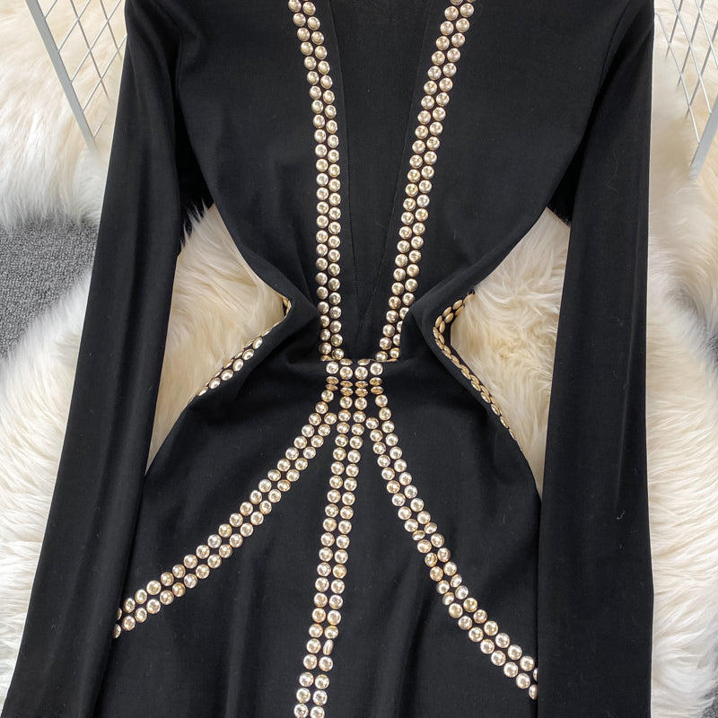 Vintage Rhinestone Studded Elastic Dress