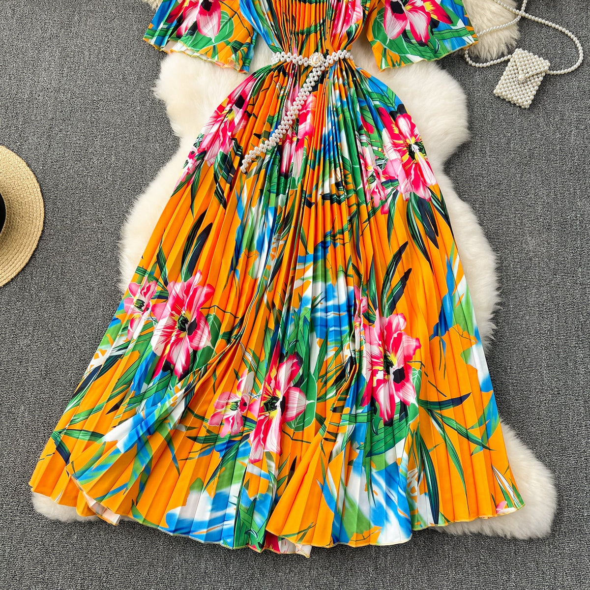 Beaded Crew Neck Printed Dress