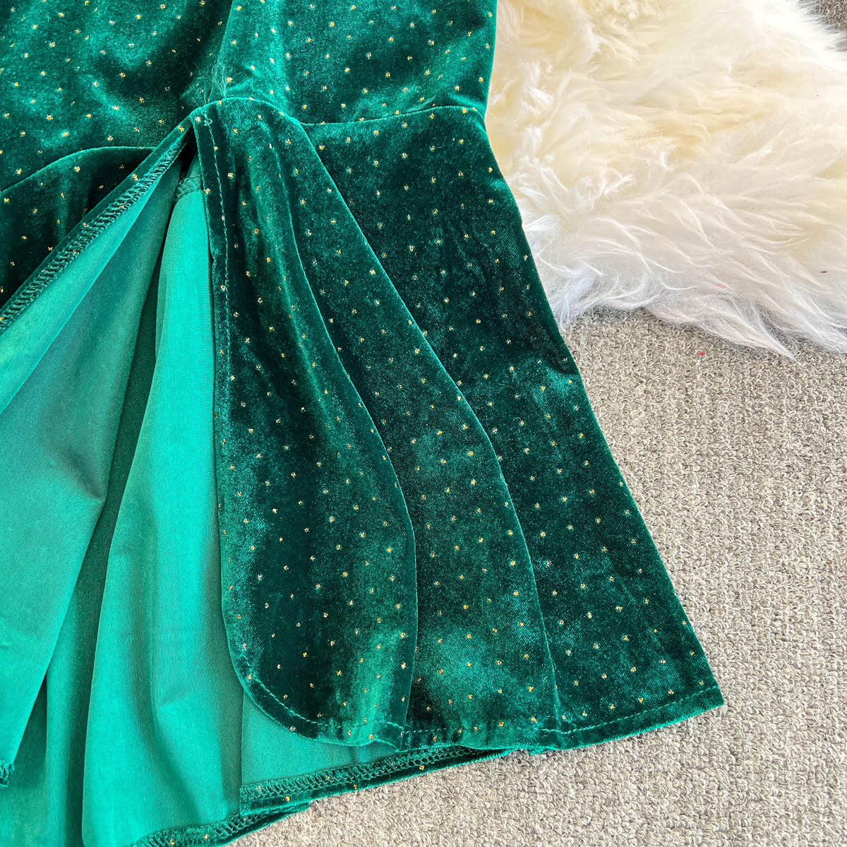 V-neck Beaded Fishtail Suede Dress