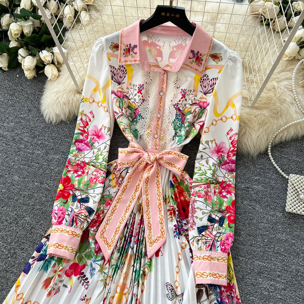 Lace Patchwork Floral Pleated Dress