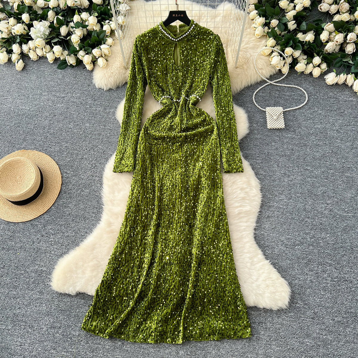 Beaded Collar Sequined Velvet Dress