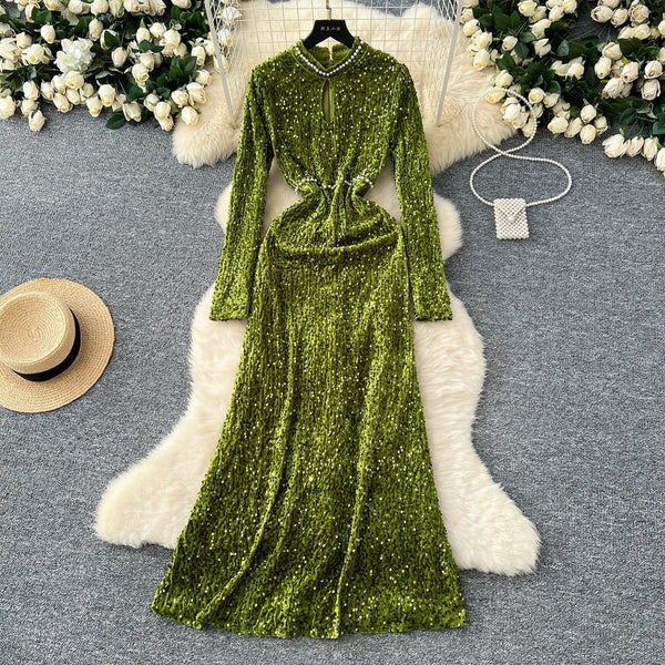 Beaded Collar Sequined Velvet Dress