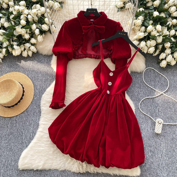 Puffy Cape & Suede Slip Dress 2Pcs