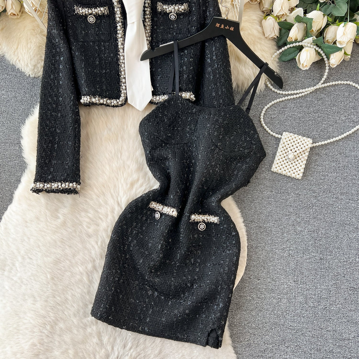 Boncuklu Blazer ve Slip Elbise Tweed 2 Parça