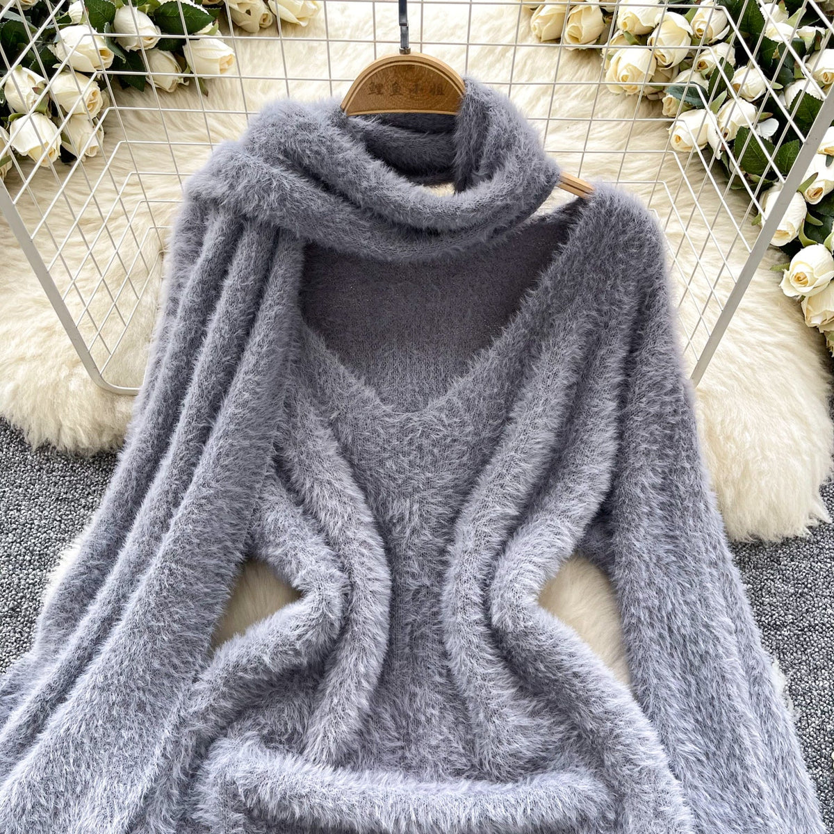 Furry Knitted Dress with Scarf