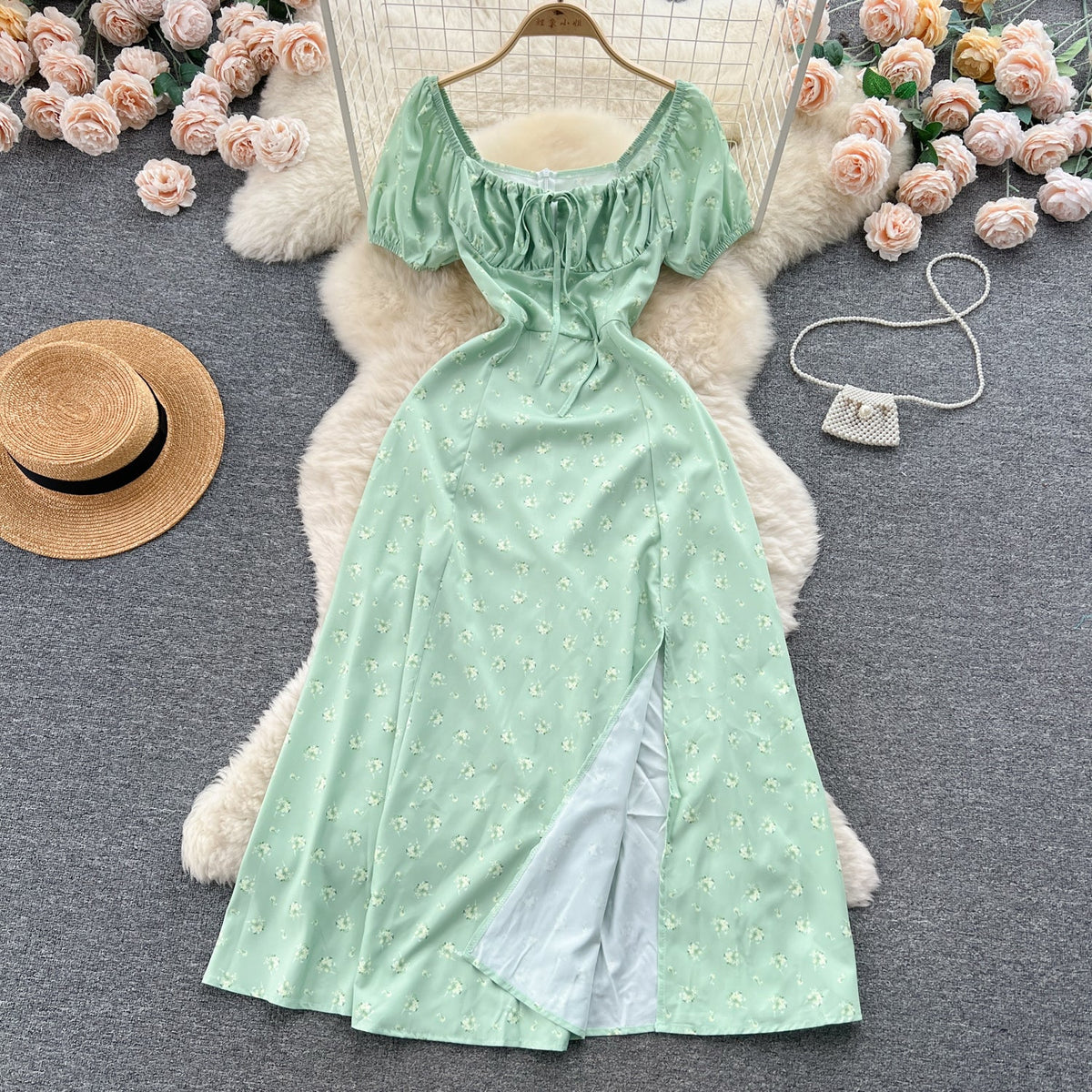 Ruffled Neckline Floral Split Dress