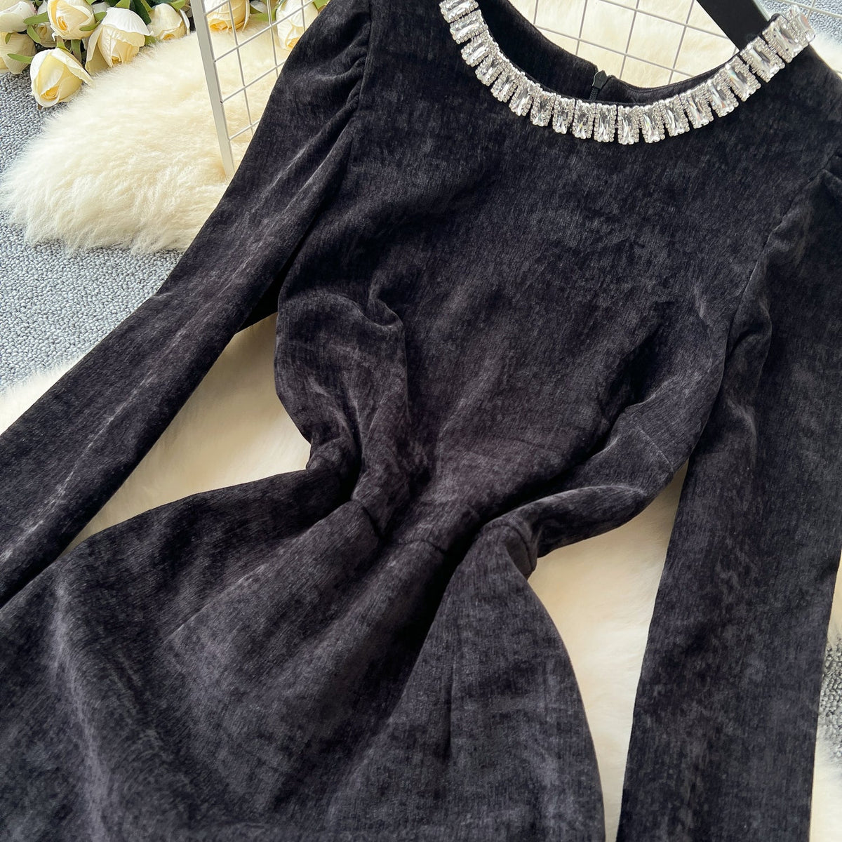 Rhinestone Studded Sequined Mesh Black Dress